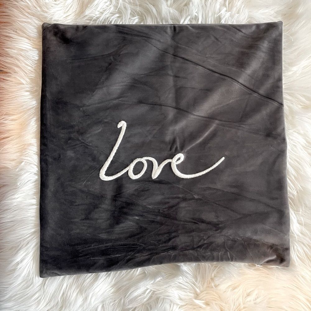 Dark Gray Velvet Embroidered 'Love' Pillow Cover | SZ 20 x 20